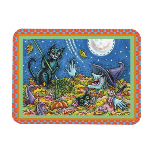 WITCH UND SCHWARZE KATZEN RAKING-BLÄTTER, FUNNY HA MAGNET (Horizontal)