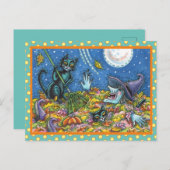 WITCH UND SCHWARZE KATZEN RAKING-BLÄTTER, FUNNY HA POSTKARTE (Vorne/Hinten)