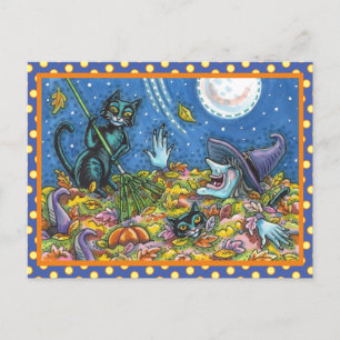 WITCH UND SCHWARZE KATZEN RAKING-BLÄTTER, FUNNY HA POSTKARTE