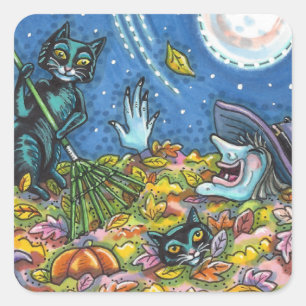 WITCH UND SCHWARZE KATZEN RAKING-BLÄTTER, FUNNY HA QUADRATISCHER AUFKLEBER