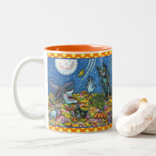 WITCH UND SCHWARZE KATZEN RAKING-BLÄTTER, FUNNY HA ZWEIFARBIGE TASSE