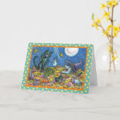 WITCH UND SCHWARZE KATZEN RAKING BLÄTTER HALLOWEEN KARTE (Gelbe Blume)