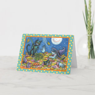 WITCH UND SCHWARZE KATZEN RAKING BLÄTTER HALLOWEEN KARTE