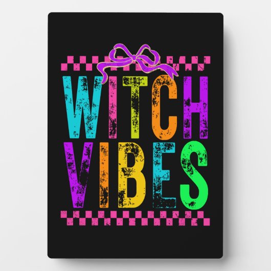 Witch Vibes Halloween Neon Checkered Bow Fotoplatte (Vorderseite)