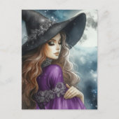 Witch Wearing Black and Purple and a Full Moon Postkarte (Vorderseite)
