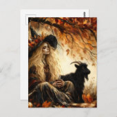 Witch With Coffee and Her Pet Black Goat in Autumn Postkarte (Vorne/Hinten)