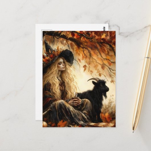 Witch With Coffee and Her Pet Black Goat in Autumn Postkarte (Vorderseite/Rückseite Beispiel)