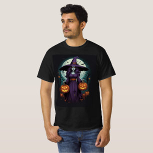 Witch with Pumpkins & Full Moon Art T-Shirt