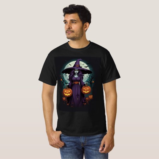 Witch with Pumpkins & Full Moon Art T-Shirt (Vorne ganz)