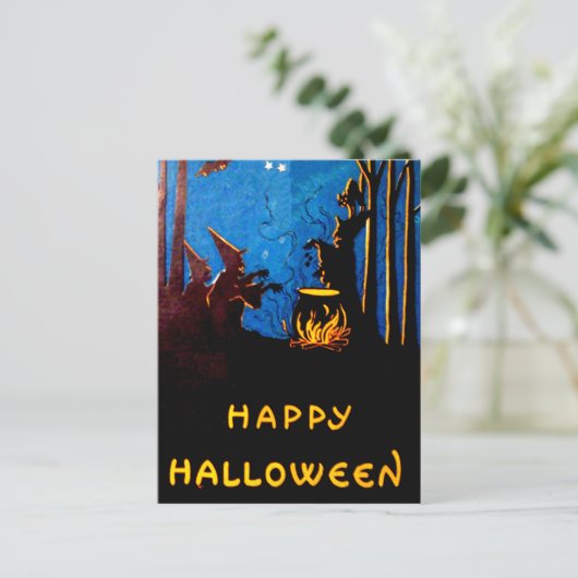 Witching Hour Black Cat Bat Cauldron Postkarte (Stehend Vorderseite)