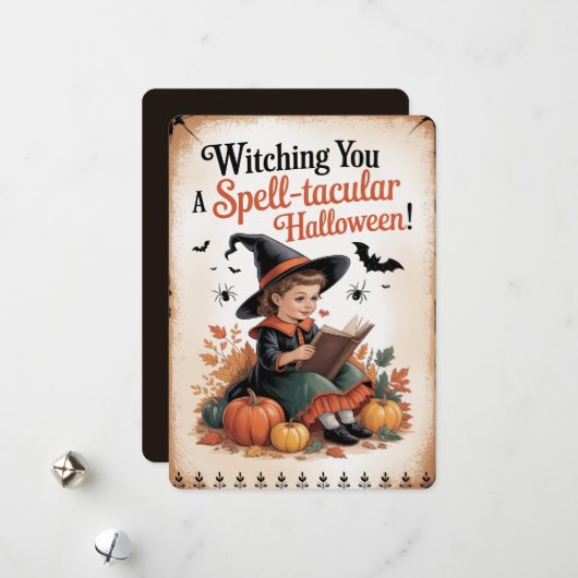 "Witching You a Spell-tacular Halloween!" Vintage Feiertagskarte (Vorderseite/Rückseite Beispiel)