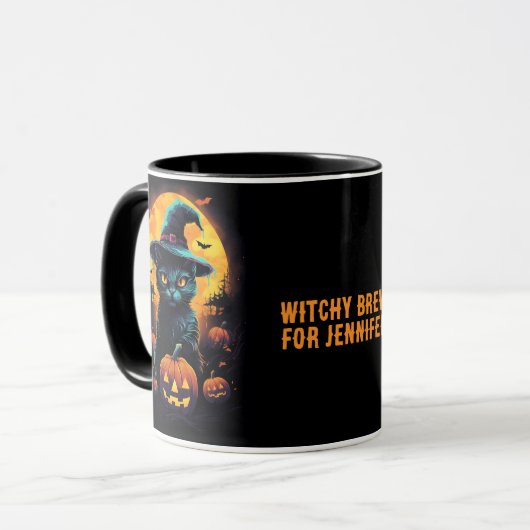 WITCHY BREW für ((Name), Black Cat Halloween Tasse (Vorderseite Links)