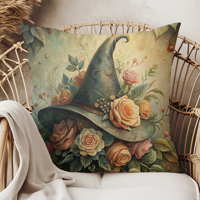 Witchy Floral Hat - Soft Gothic Hütte Vibes Kissen (Witchy Floral Hat – Soft Gothic Cottage Vibes Throw Pillow in a boho rattan armchair.)