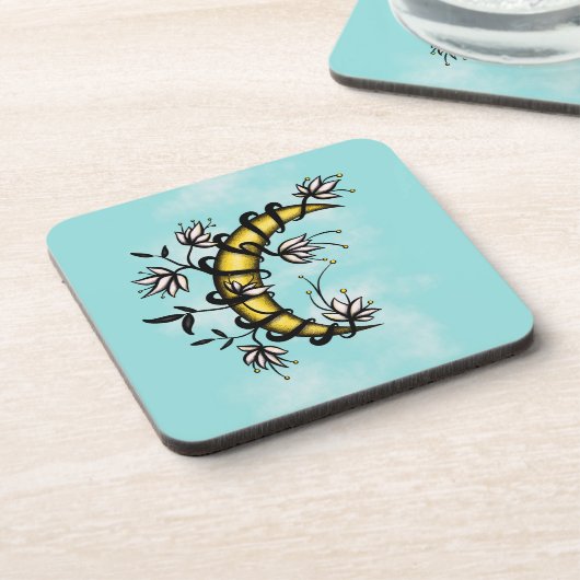 Witchy Moon Floral Boho Art Getränkeuntersetzer (Linke Seite)