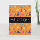 "Witchy One" Orange Halloween Muster Karte (Rückseite)