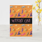 "Witchy One" Orange Halloween Muster Karte (Gelbe Blume)