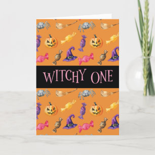 "Witchy One" Orange Halloween Muster Karte