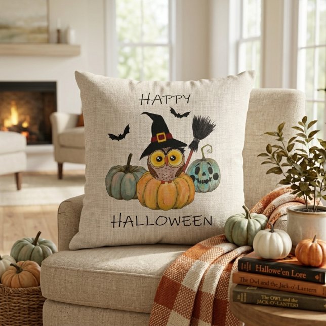 Witchy Owl Happy Halloween Kissen (Witchy Owl Happy Halloween Throw Pillow)