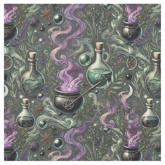 Witchy Pattern-Cauldron und Potion Design Stoff (Nahaufnahme)