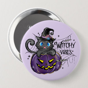 Witchy Vibes - Schwarze Katze auf Lila Jack-O-Lant Button