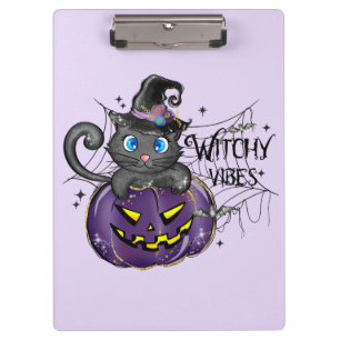 Witchy Vibes - Schwarze Katze auf Lila Jack-O-Lant Klemmbrett