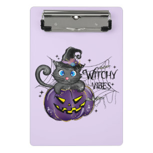 Witchy Vibes - Schwarze Katze auf Lila Jack-O-Lant Mini Klemmbrett