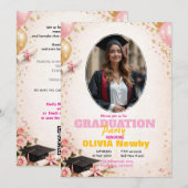 🎓With QR code Pink &  Balloon Glow Graduation Einladung (Vorne/Hinten)