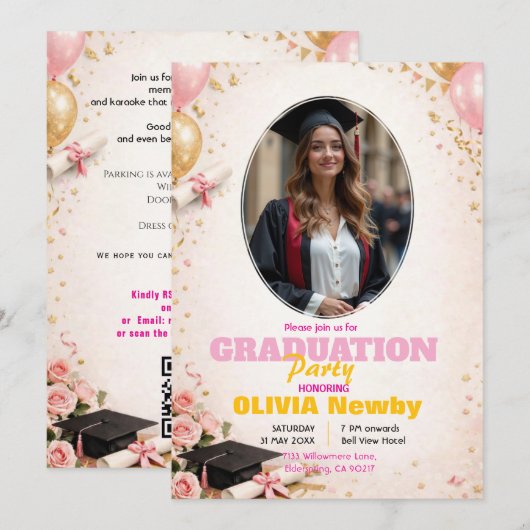 🎓With QR code Pink & Balloon Glow Graduation Einladung (Vorne/Hinten)