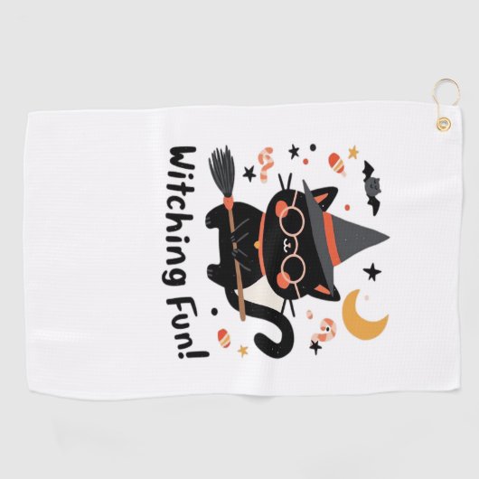 Wittling Black Cat mit Broom - Niedliches Hallowee Golfhandtuch (Horizontal)