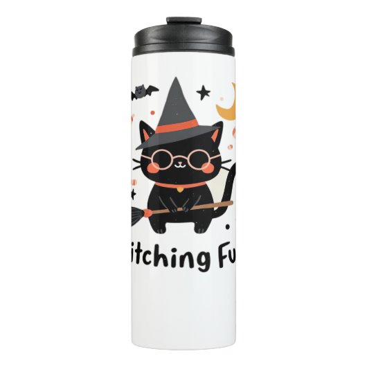 Wittling Black Cat mit Broom - Niedliches Hallowee Thermosbecher (Vorderseite)