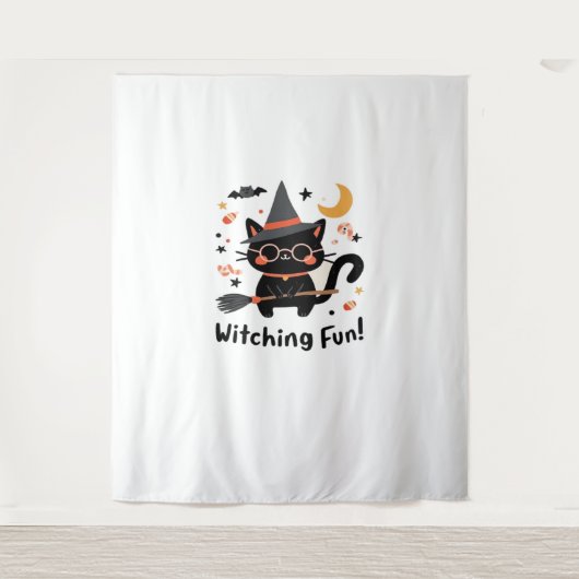 Wittling Black Cat mit Broom - Niedliches Hallowee Wandteppich (Vorderseite)