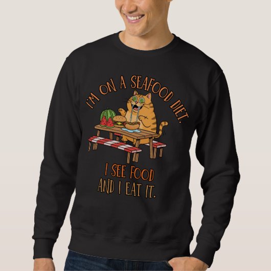 Witz über Meeresfrüchte-Diät – Hungrige Katze mit Sweatshirt (Vorderseite)
