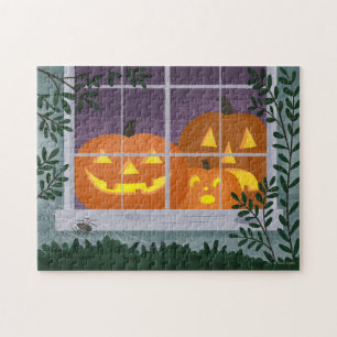 Witzige Halloween-Jack-o'-Laternen im Fenster Puzzle
