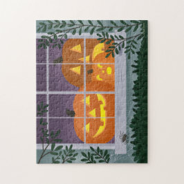 Witzige Halloween-Jack-o'-Laternen im Fenster Puzzle