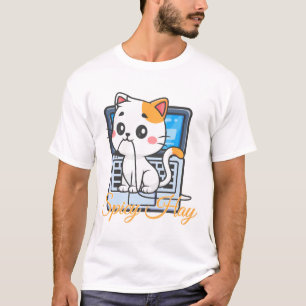 Witzige Katze Beißt Kabel mit scharfem Heu Kawaii  T-Shirt