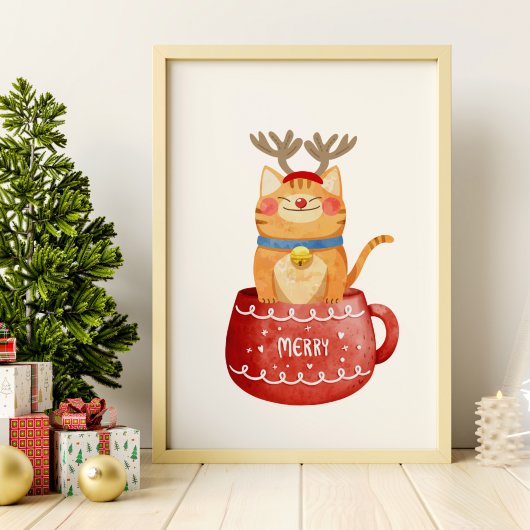 Witzige Katze im Cup Rentier Antlers Red Nose Xmas Poster