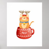 Witzige Katze im Cup Rentier Antlers Red Nose Xmas Poster (Vorne)