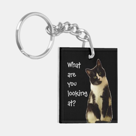Witzige Katze "Was schaust du dir an?" Schlüsselanhänger (Vorderseite links)