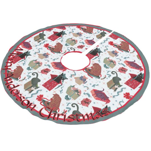 Witzige Katzen in Weihnachtskästen Personalisiert Polyester Weihnachtsbaumdecke (Schrägansicht)