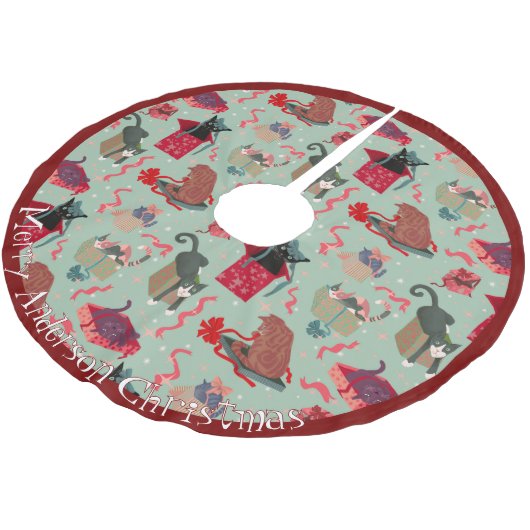 Witzige Katzen in Weihnachtskästen Personalisiert Polyester Weihnachtsbaumdecke (Schrägansicht)