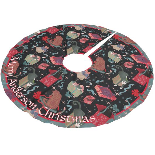 Witzige Katzen in Weihnachtskästen Personalisiert Polyester Weihnachtsbaumdecke (Schrägansicht)