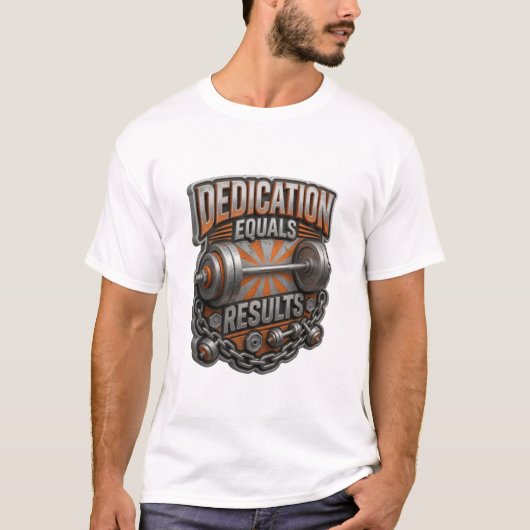 Witziger Silber DEDICATION EQUALS RESULTS Druck T-Shirt (Vorderseite)