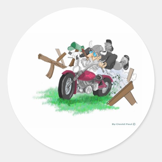 Witziges Bild des Menschen über den Motorradabstur Runder Aufkleber (Vorderseite)