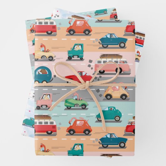 Witziges Fahrzeugmuster mit Tieren beim Fahren Geschenkpapier Set (Beispiel)