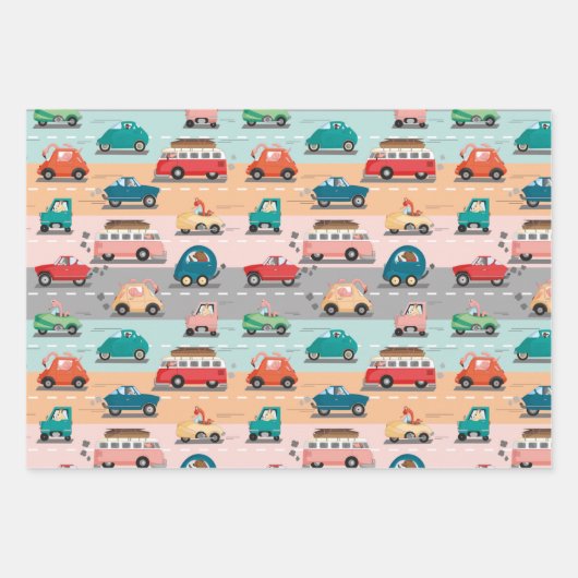 Witziges Fahrzeugmuster mit Tieren beim Fahren Geschenkpapier Set (Vorderseite)