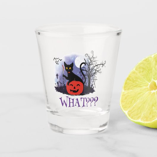 Witziges Halloween gewitchte schwarze Katze Was? Schnapsglas (Vorderseite)