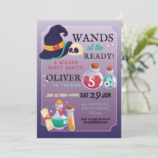 Wizard Birthday Party will fertig Einladung (Stehend Vorderseite)