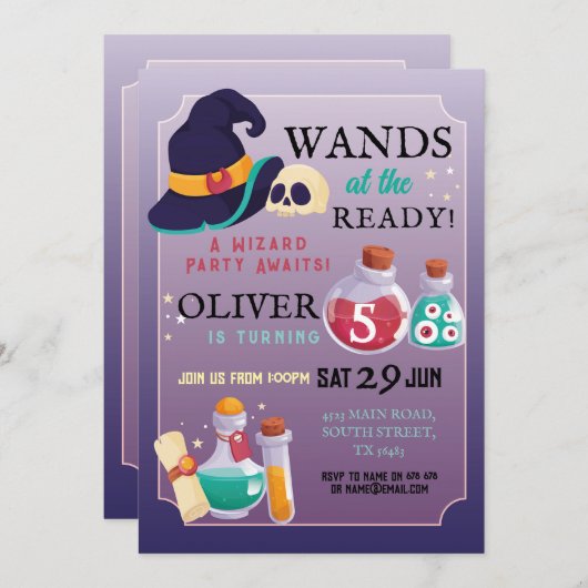 Wizard Birthday Party will fertig Einladung (Vorne/Hinten)