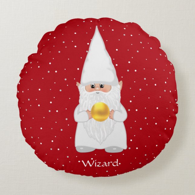 Wizard Gnome & Gold on Red Round Pillow Rundes Kissen (Vorderseite)