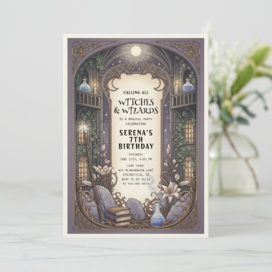 Wizard Hexe Magic Castle Geburtstag Einladung (Stehend Vorderseite)